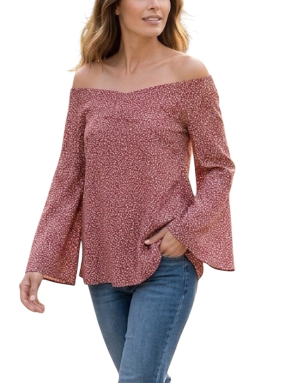 Off The Shoulder Ditsy Floral Bell Sleeve Top Blouse Red White Women’s L Boho
